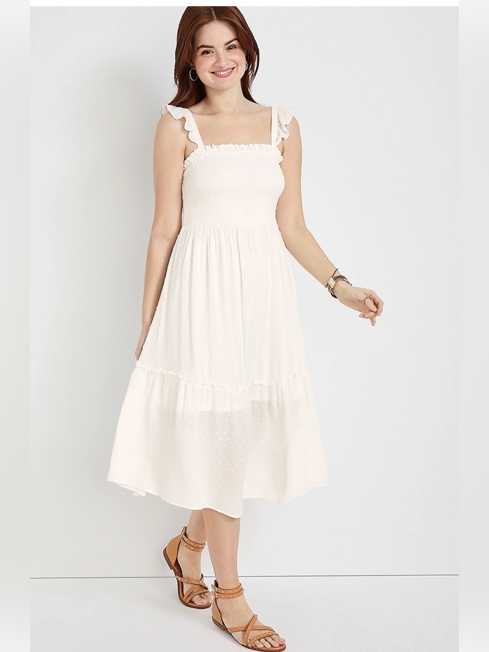 New Off White CreamSmocked Midi Sun Dress 2X Wedding Rehearsal Summer